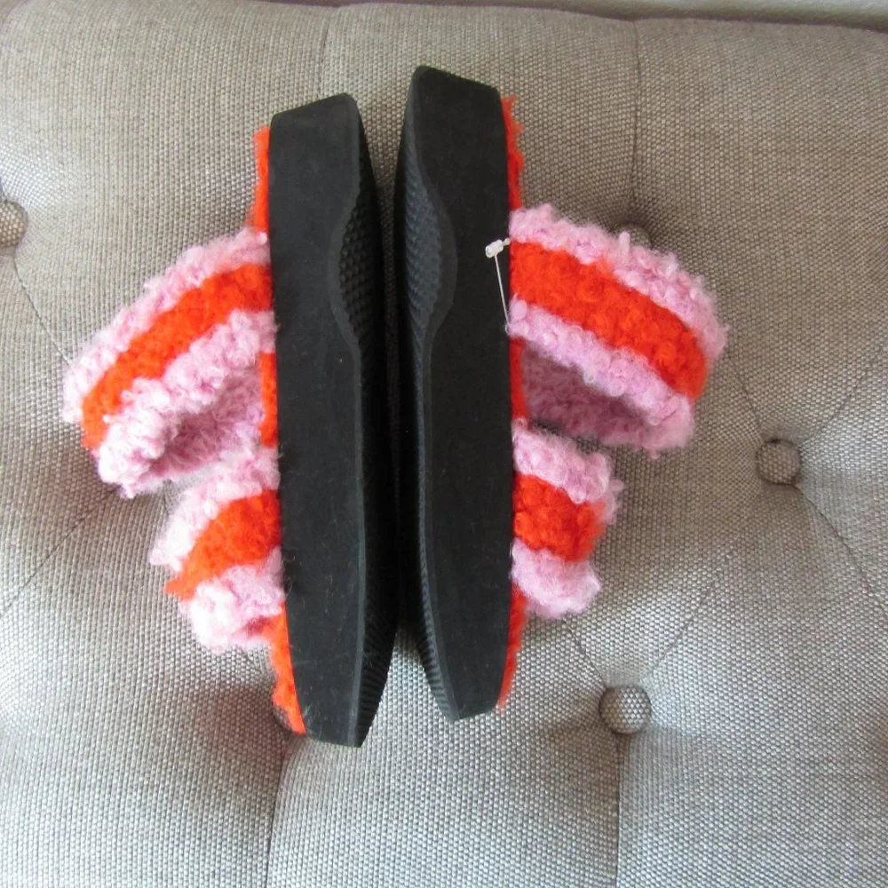 NWOT STAUD Pink and Orange Fuzzy Platform Slide Sandals